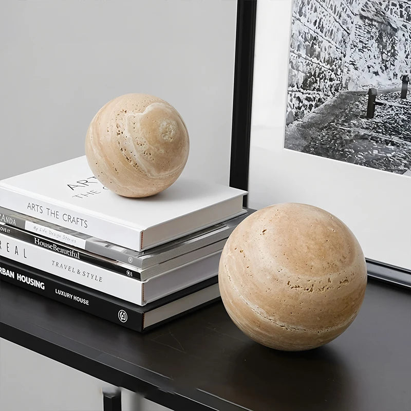 Wabi-Sabi Travertine Marble Sphere, Hand-Polished Natural Stone Ball Decor for Living Room, Entryway, office, Hotel Organic