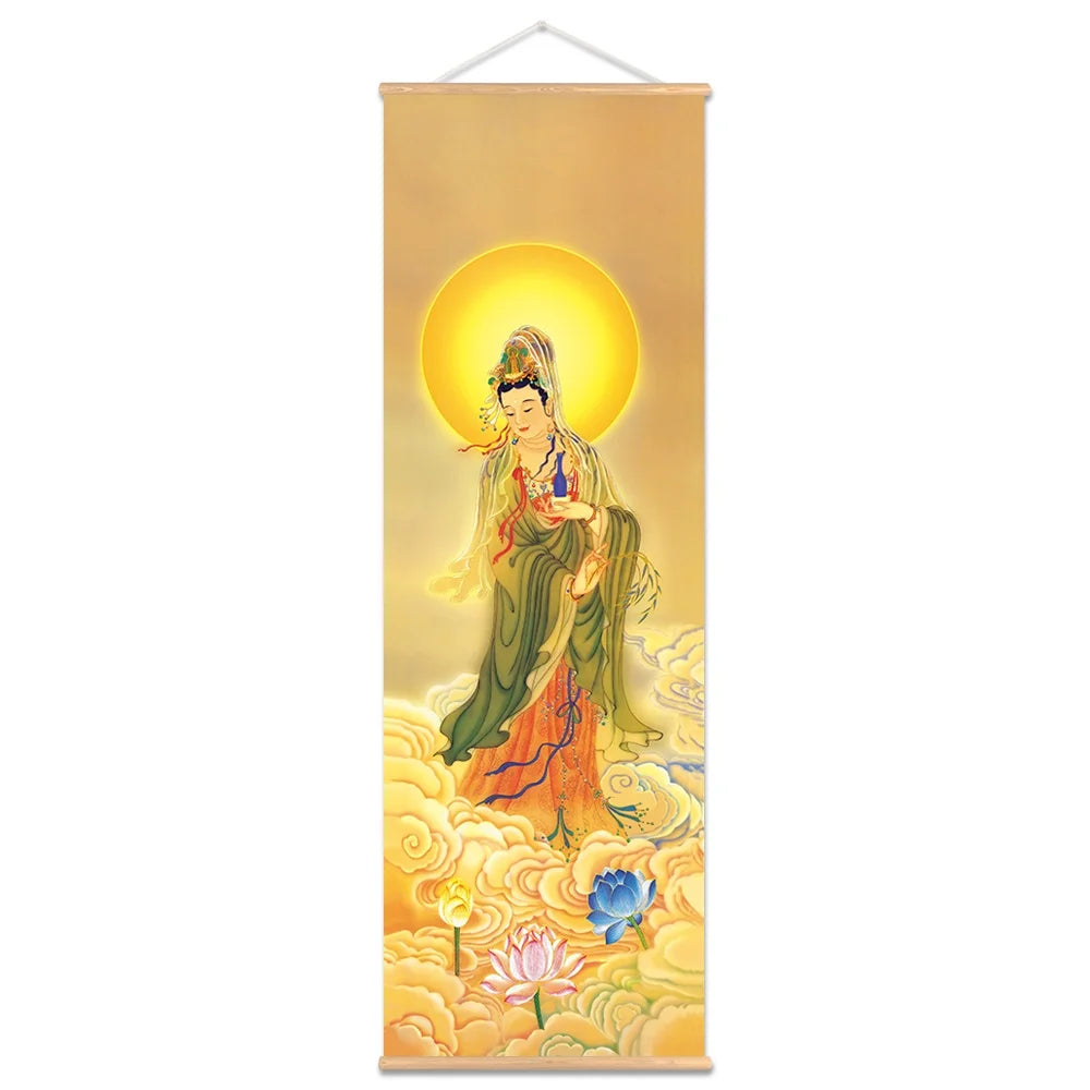 Connect the Buddha, the Three Saints of The west, Amitabha, Avalokitesvara, Bodhisattva, Canvas Prints, Scroll Hanging Painting