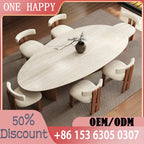Any Size Custom Beige Travertine Teardrop Dining Table Wabi Sabi Mid Century Walnut Base Scratch Stain Resistant Luxury Dining T
