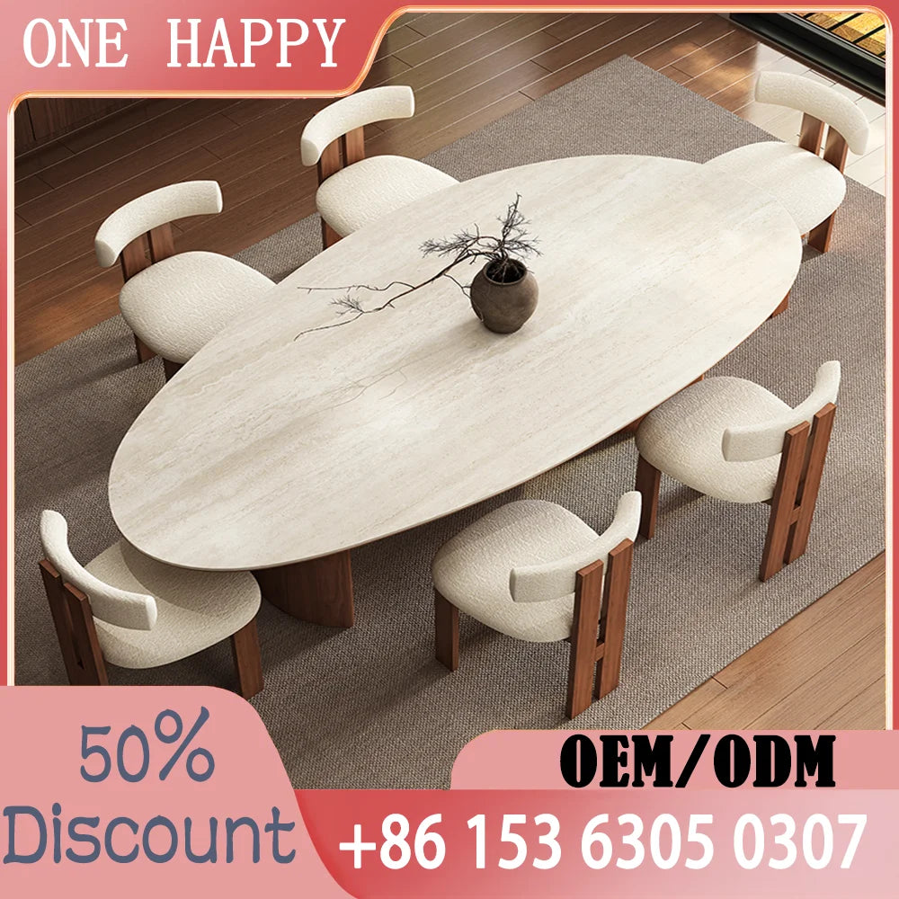 Any Size Custom Beige Travertine Teardrop Dining Table Wabi Sabi Mid Century Walnut Base Scratch Stain Resistant Luxury Dining T