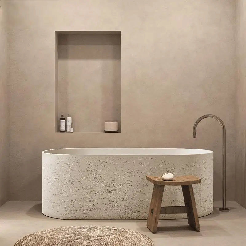 Any Size Custom Japanese Wabi Sabi Cultured Stone Bathtub Artistic Freestanding Soaking Tub Heat Retention Easy Clean Body Conto