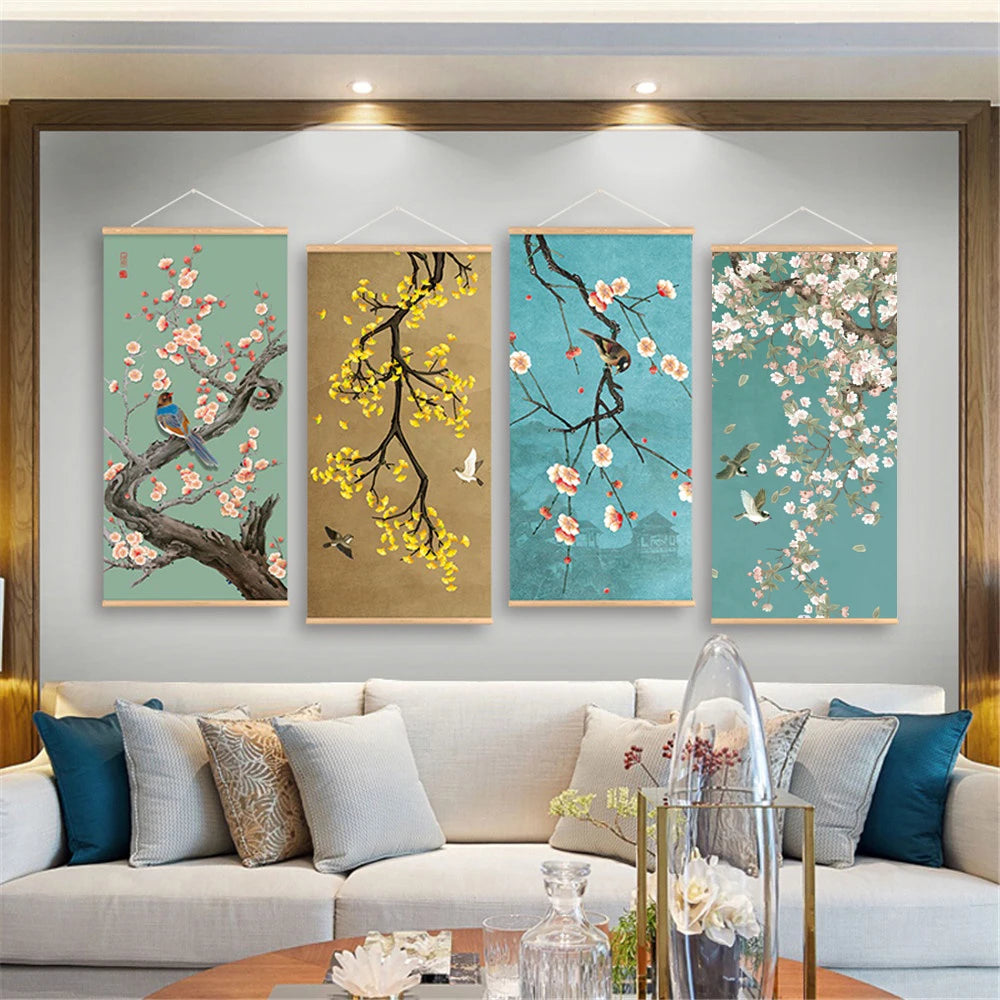 Chinese Art Landscape Ink On Canvas Anime Poster Vintage Plum Blossom Bird Hanging Canvas Painting With Wooden Frame