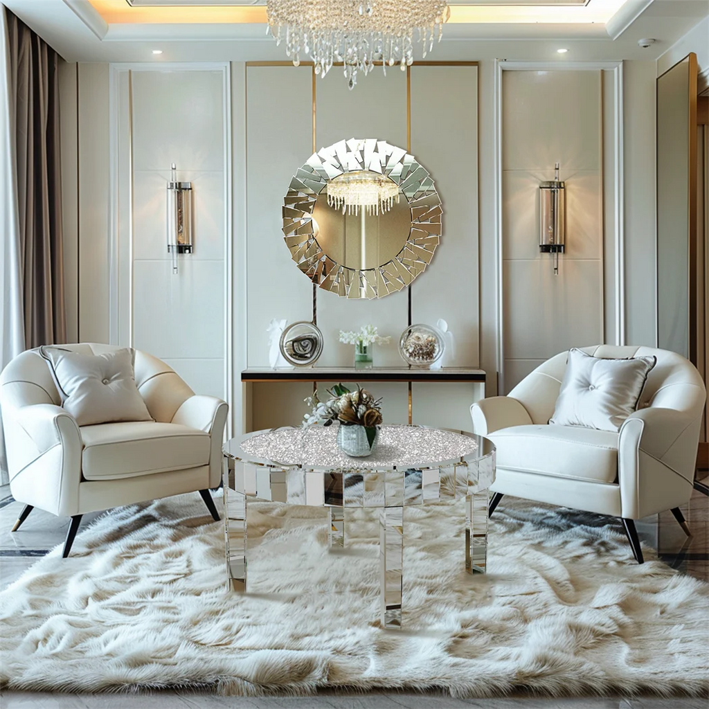 Luxury Silver Round Mirrored Coffee Table Elegant Accent Side Table with Glass Tabletop for Living Room Bedroom