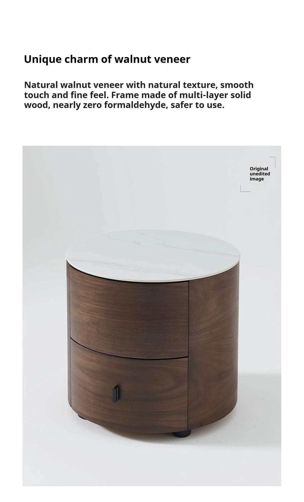 Italian Minimalist Nightstand, Walnut Round Bedside Table with Stone Top, Multi-Layer Wood &Eco-Friendly, Easy Clean, New Design
