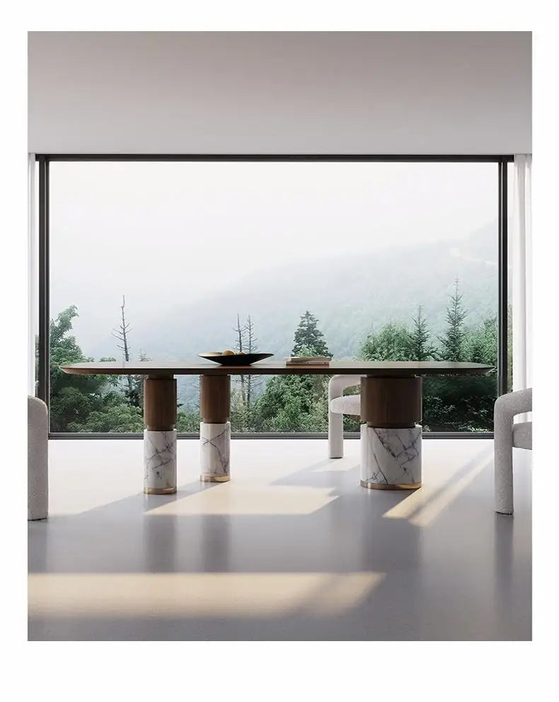 Natural Marble Dining Table with Walnut Base, Minimalist Luxury Villa Long Table, Eco-Friendly & Moisture-Proof, Customizable