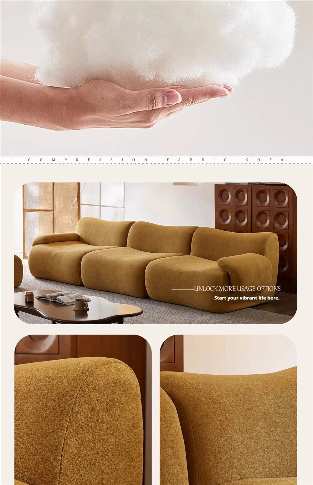 Vacuum-Compressed Modular Sofa, Wabi-Sabi Sherpa Fabric Sectional with High-Elastic Foam, Cream Mid-Century Style, Space Saving