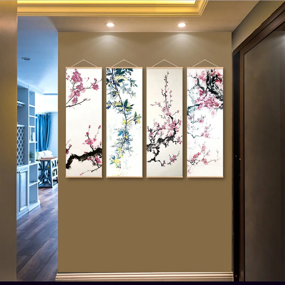 Chinese Plum Blossom Scroll Hanging Painting Canvas Art Flower Wall Painting Scroll Painting Living Room Home Decoration