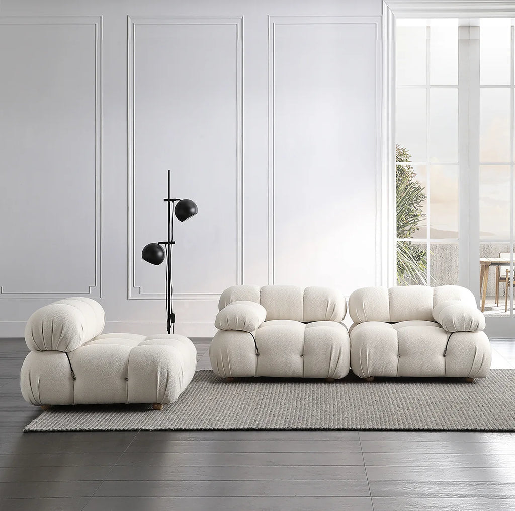 Cream Modular Sofa Set, Cat-Proof Teddy Fabric 3-Seater with Latex-Foam Fill, Imported Pine Frame, Nordic Retro Style
