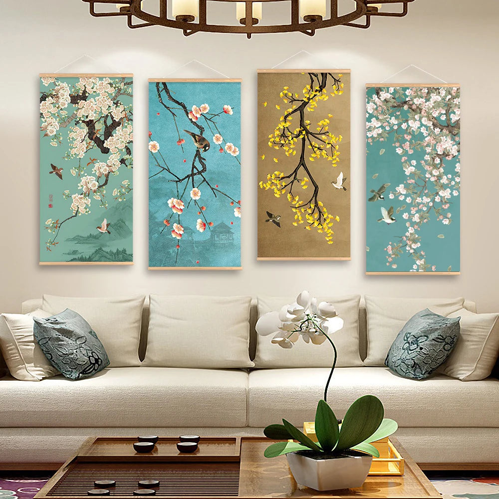 Chinese Art Landscape Ink On Canvas Anime Poster Vintage Plum Blossom Bird Hanging Canvas Painting With Wooden Frame