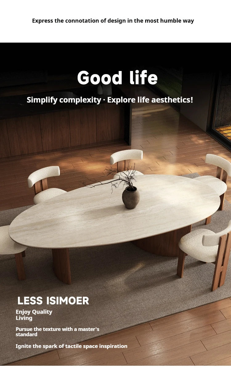 Any Size Custom Beige Travertine Teardrop Dining Table Wabi Sabi Mid Century Walnut Base Scratch Stain Resistant Luxury Dining T