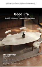 Any Size Custom Beige Travertine Teardrop Dining Table Wabi Sabi Mid Century Walnut Base Scratch Stain Resistant Luxury Dining T