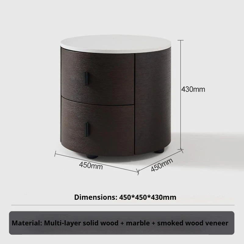 Italian Minimalist Nightstand, Walnut Round Bedside Table with Stone Top, Multi-Layer Wood &Eco-Friendly, Easy Clean, New Design