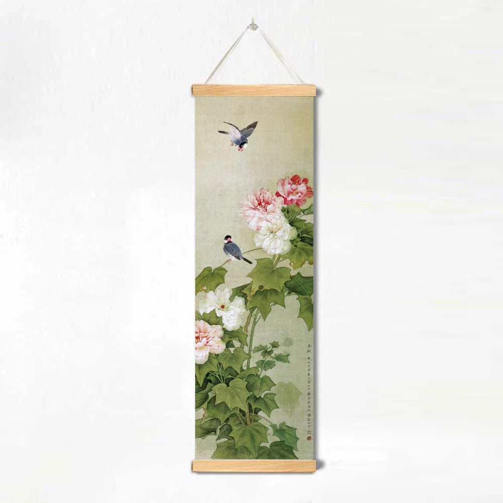 Chinese Style Ink Art Poster Bird Flowers Wall Art Canvas Painting Home Decor Pictures Living Room Poster with Hanging Frame