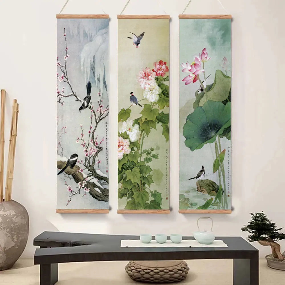 Chinese Style Ink Art Poster Bird Flowers Wall Art Canvas Painting Home Decor Pictures Living Room Poster with Hanging Frame