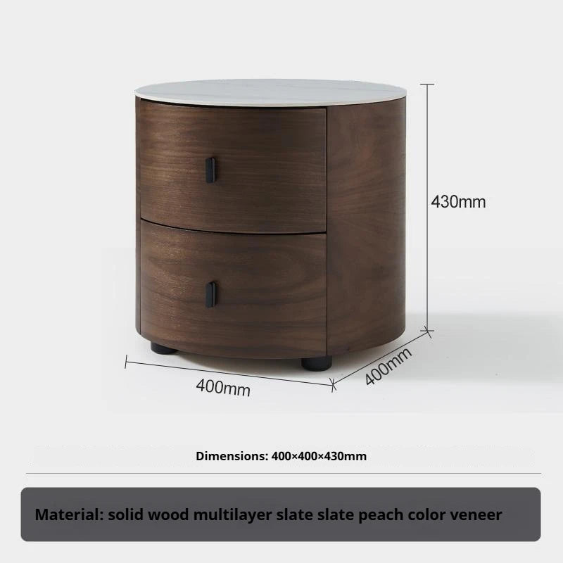 Italian Minimalist Nightstand, Walnut Round Bedside Table with Stone Top, Multi-Layer Wood &Eco-Friendly, Easy Clean, New Design