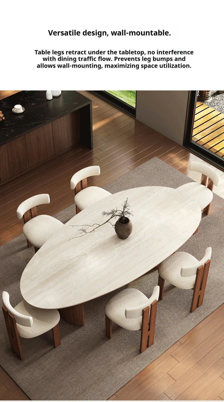 Any Size Custom Beige Travertine Teardrop Dining Table Wabi Sabi Mid Century Walnut Base Scratch Stain Resistant Luxury Dining T