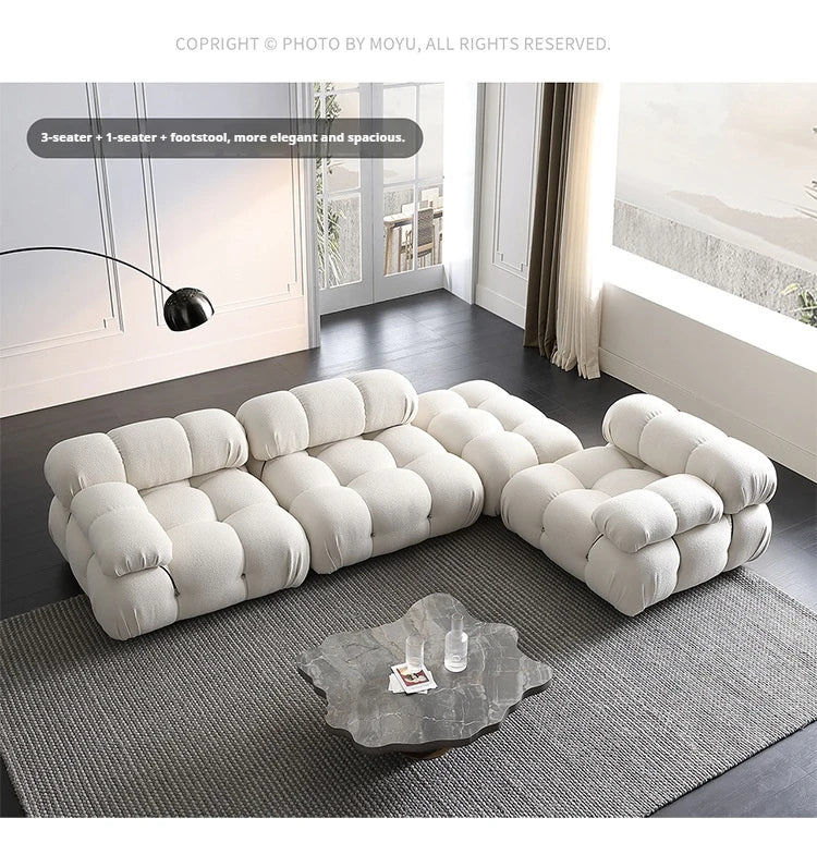Cream Modular Sofa Set, Cat-Proof Teddy Fabric 3-Seater with Latex-Foam Fill, Imported Pine Frame, Nordic Retro Style