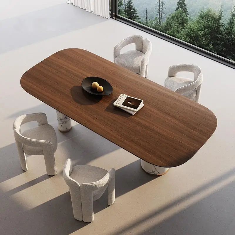 Natural Marble Dining Table with Walnut Base, Minimalist Luxury Villa Long Table, Eco-Friendly & Moisture-Proof, Customizable
