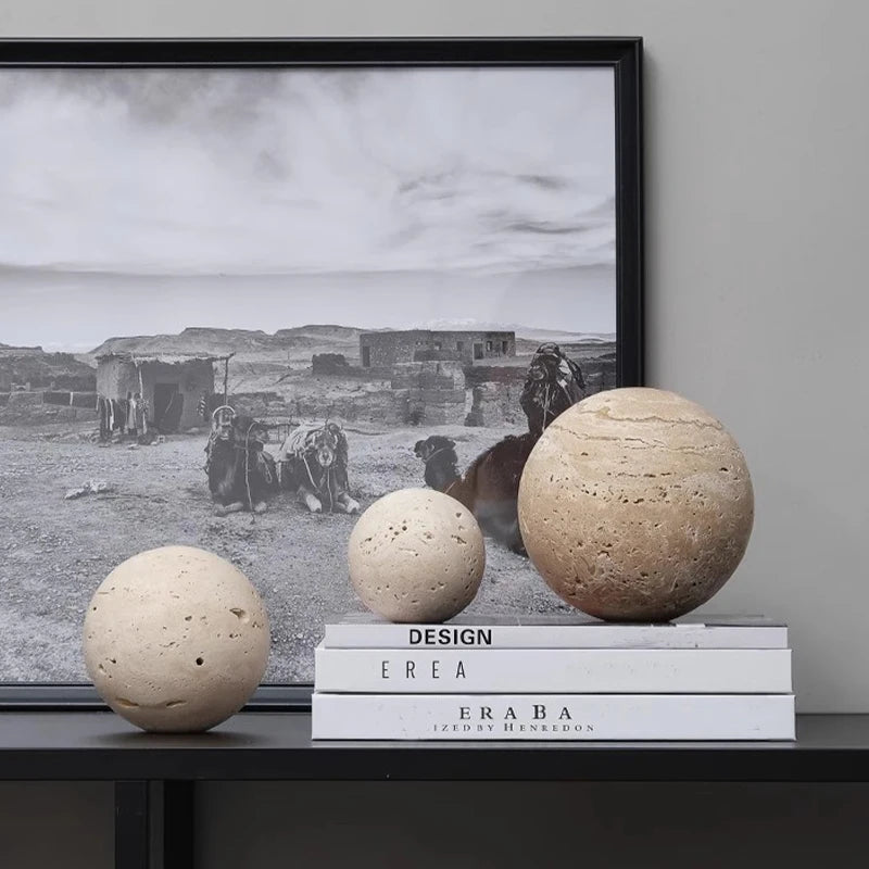 Wabi-Sabi Travertine Marble Sphere, Hand-Polished Natural Stone Ball Decor for Living Room, Entryway, office, Hotel Organic