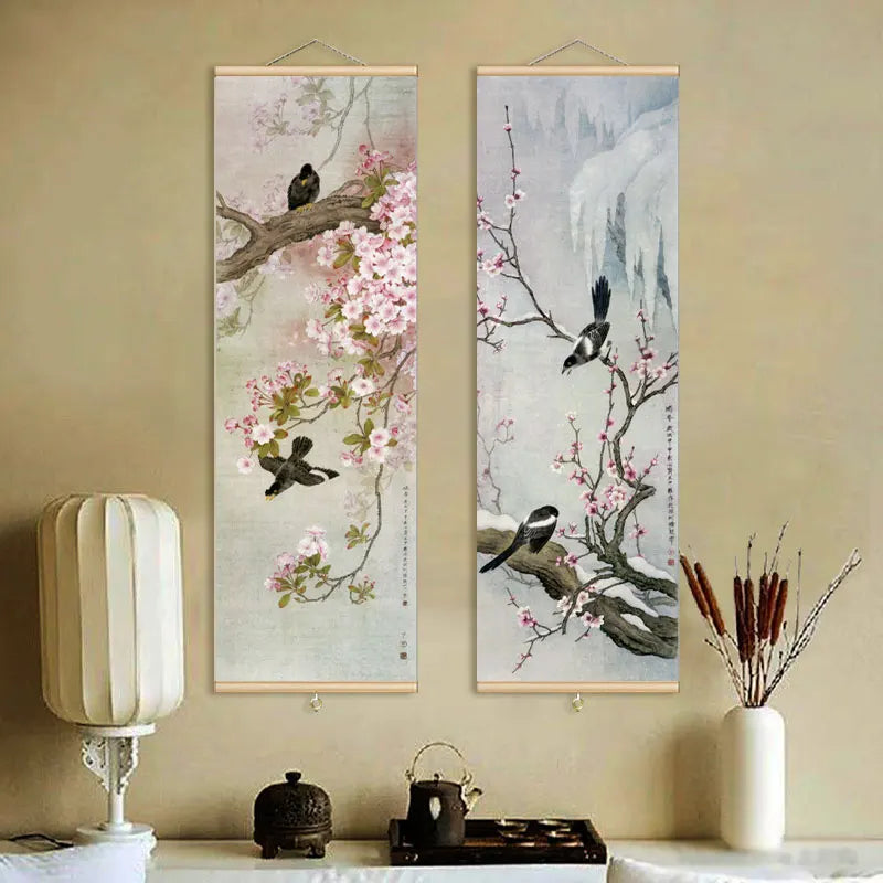 Chinese Style Ink Art Poster Bird Flowers Wall Art Canvas Painting Home Decor Pictures Living Room Poster with Hanging Frame
