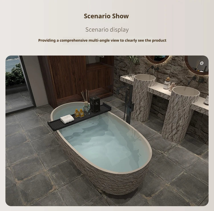 Wabi-Sabi Stone Texture Bathtub, One-Piece Artificial Stone Tub for Home , Heat Retention&Easy Clean, Body Contour, Customizable