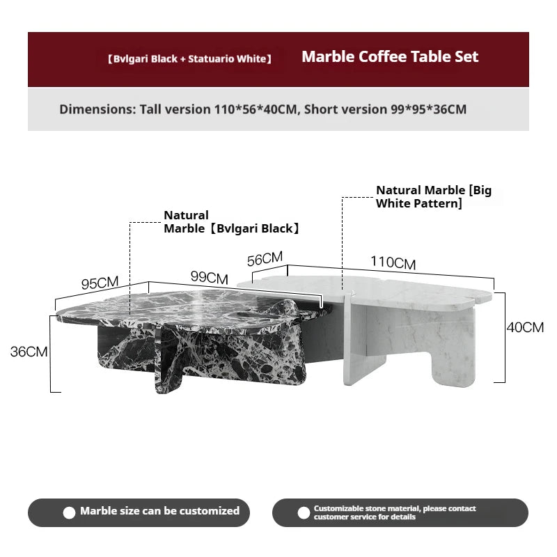 Designer Natural Marble Coffee Table Set, Italian Minimalist High-Low Nesting Tables for Small Space, Heat & Scratch Resistant