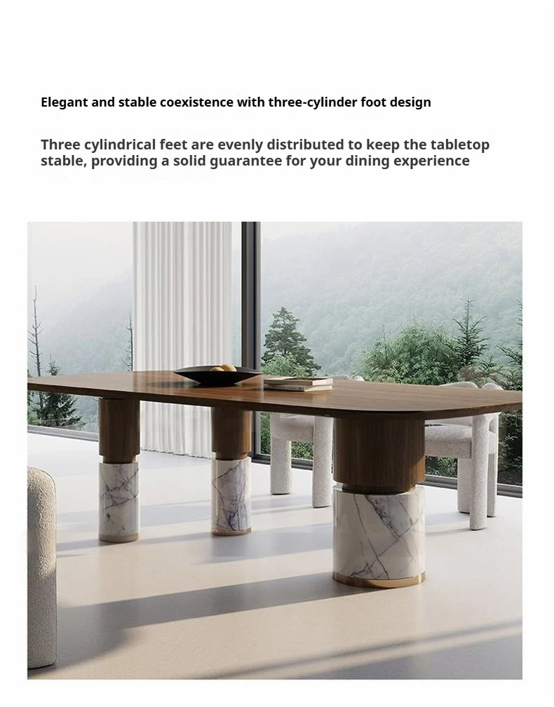 Natural Marble Dining Table with Walnut Base, Minimalist Luxury Villa Long Table, Eco-Friendly & Moisture-Proof, Customizable