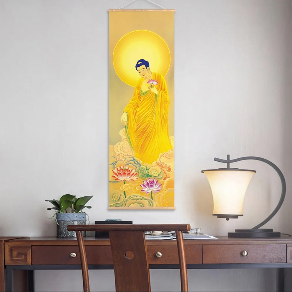 Connect the Buddha, the Three Saints of The west, Amitabha, Avalokitesvara, Bodhisattva, Canvas Prints, Scroll Hanging Painting