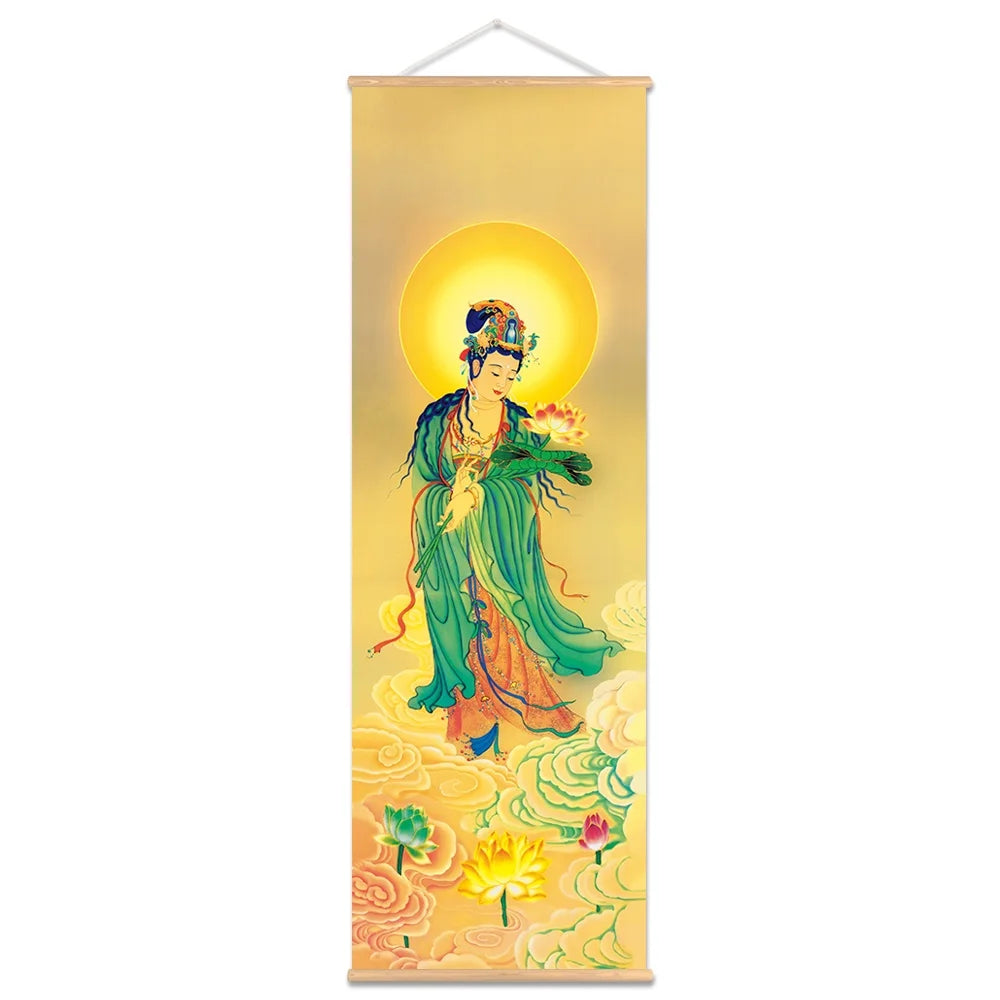 Connect the Buddha, the Three Saints of The west, Amitabha, Avalokitesvara, Bodhisattva, Canvas Prints, Scroll Hanging Painting