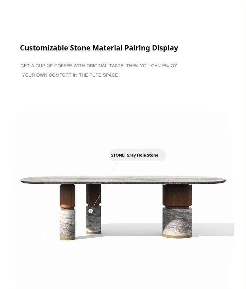 Natural Marble Dining Table with Walnut Base, Minimalist Luxury Villa Long Table, Eco-Friendly & Moisture-Proof, Customizable