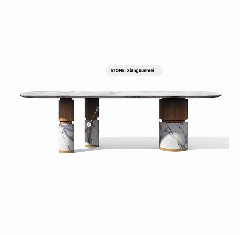 Natural Marble Dining Table with Walnut Base, Minimalist Luxury Villa Long Table, Eco-Friendly & Moisture-Proof, Customizable