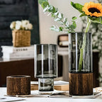 Elegant Glass Vase with Wooden Base for Hydroponic Plants,  Modern Tabletop Floral Arrangement Home Decoration
