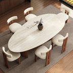 Any Size Custom Beige Travertine Teardrop Dining Table Wabi Sabi Mid Century Walnut Base Scratch Stain Resistant Luxury Dining T