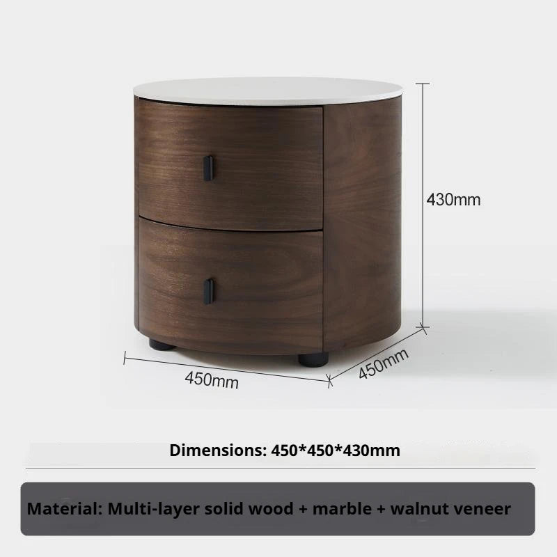 Italian Minimalist Nightstand, Walnut Round Bedside Table with Stone Top, Multi-Layer Wood &Eco-Friendly, Easy Clean, New Design