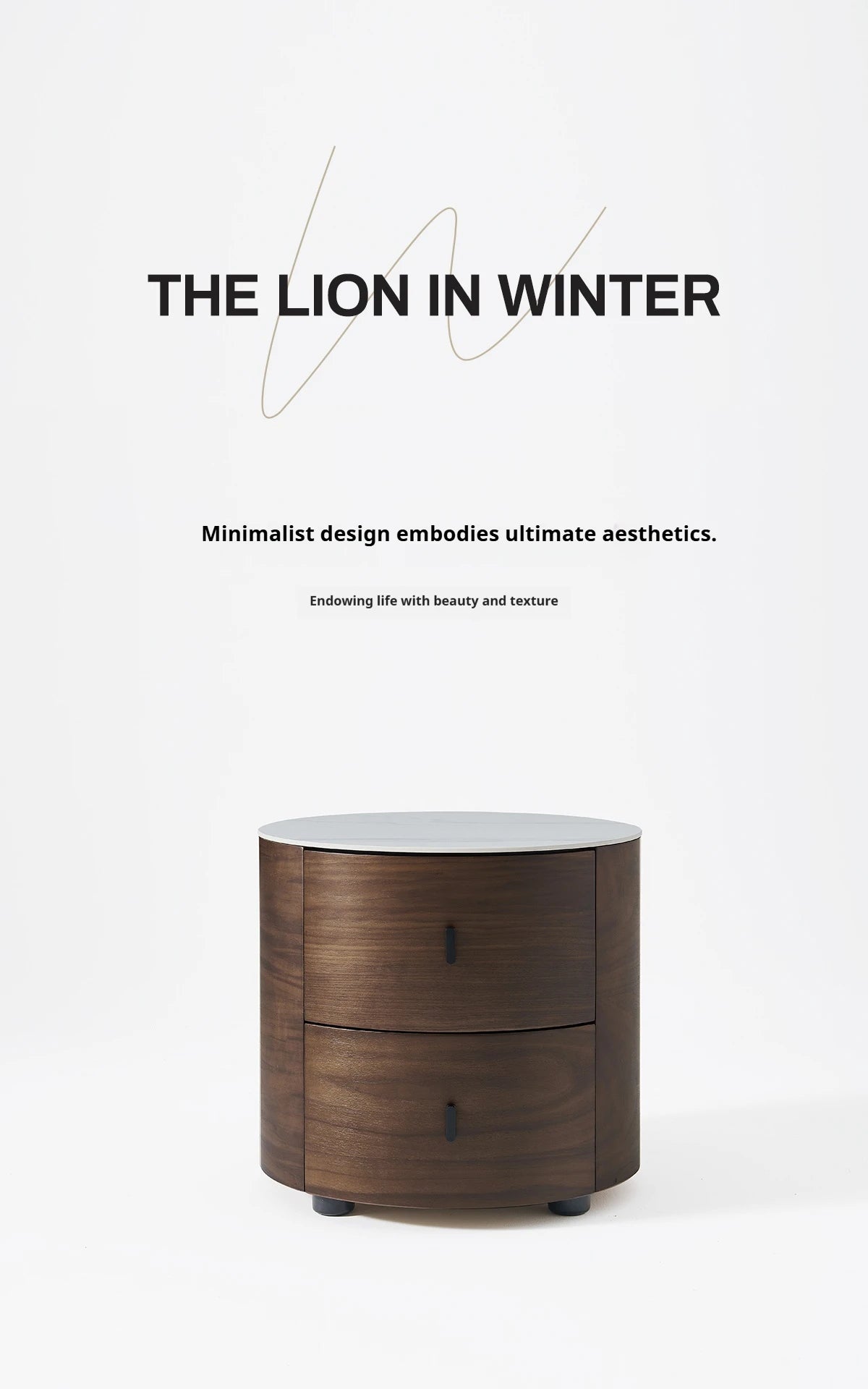 Italian Minimalist Nightstand, Walnut Round Bedside Table with Stone Top, Multi-Layer Wood &Eco-Friendly, Easy Clean, New Design