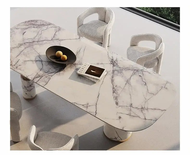 Natural Marble Dining Table with Walnut Base, Minimalist Luxury Villa Long Table, Eco-Friendly & Moisture-Proof, Customizable