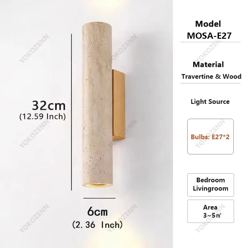 Wabi Sabi  Natural Travertine E27 Wall Lamp, Log & Walnut Wood Wall Light for Bedroom Bedside Staircase Living Room Home Decor