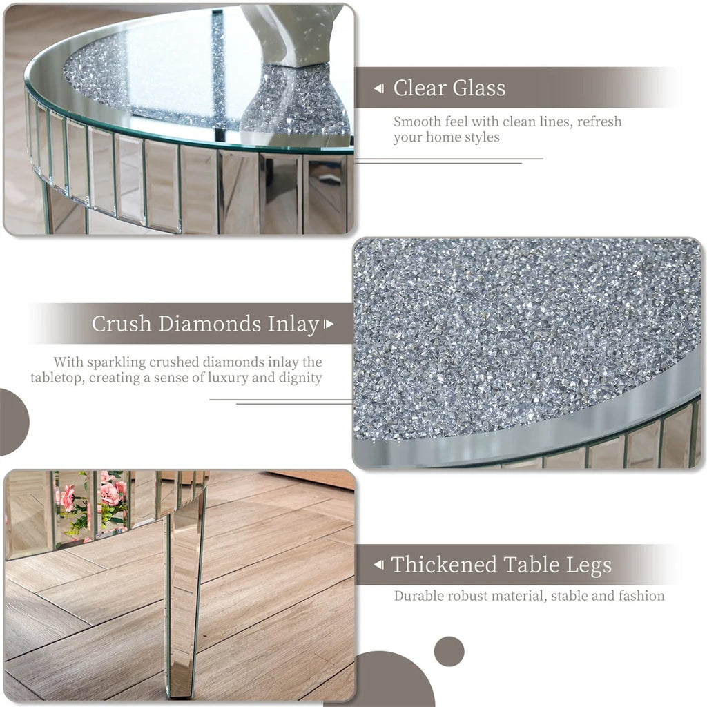 Luxury Silver Round Mirrored Coffee Table Elegant Accent Side Table with Glass Tabletop for Living Room Bedroom