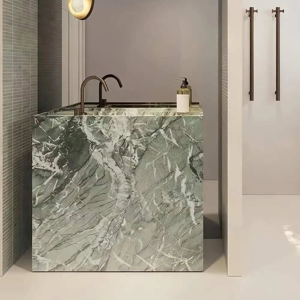 Any Size Custom Mid Century Jade Marble Vanity Vintage Green Stone Floor Standing Bathroom Cabinet Hotel Bathroom Stain Resistan