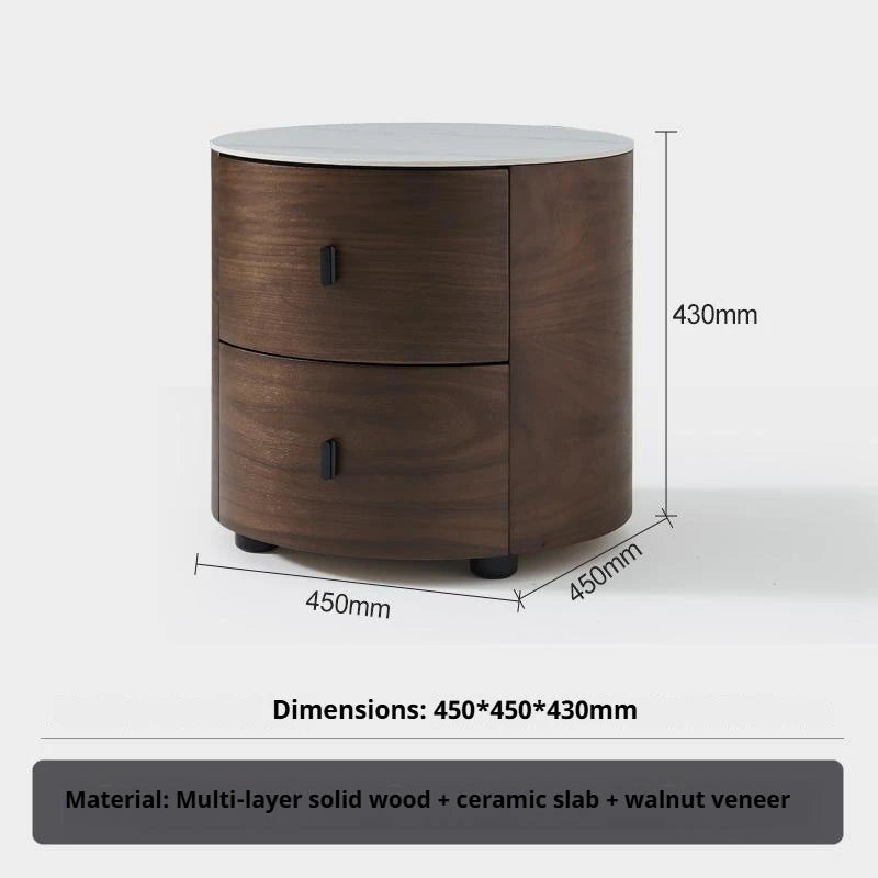 Italian Minimalist Nightstand, Walnut Round Bedside Table with Stone Top, Multi-Layer Wood &Eco-Friendly, Easy Clean, New Design