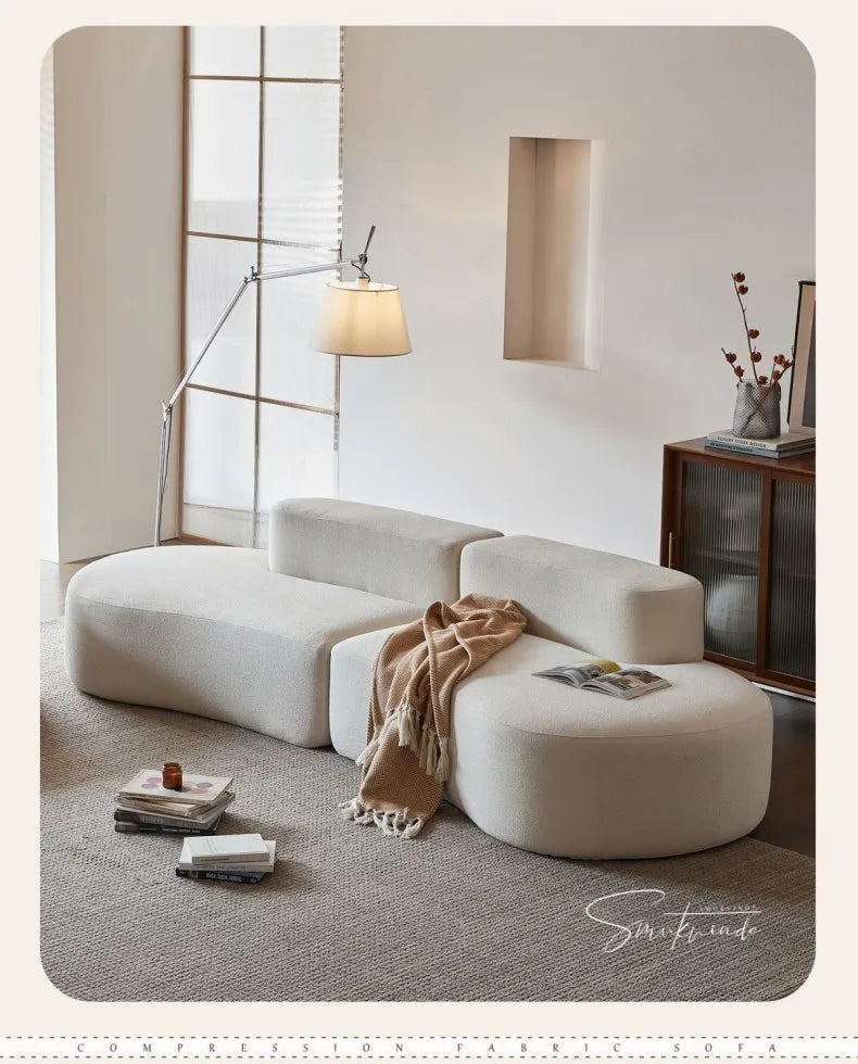 Fabric Sofa, Cashew Shape Compression Couch with High-Resilience Foam, Velvet Upholstery, Non-Deformation, Roll-Pack Design