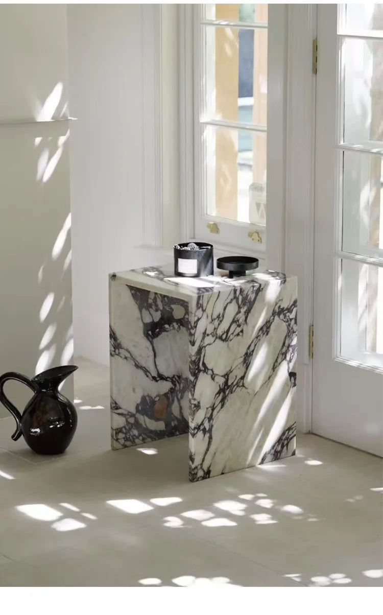 Italian Minimalist Calacatta Side Table, Mobile Square End Table for Living Room, One-Piece Natural Marble, Artistic & Customize