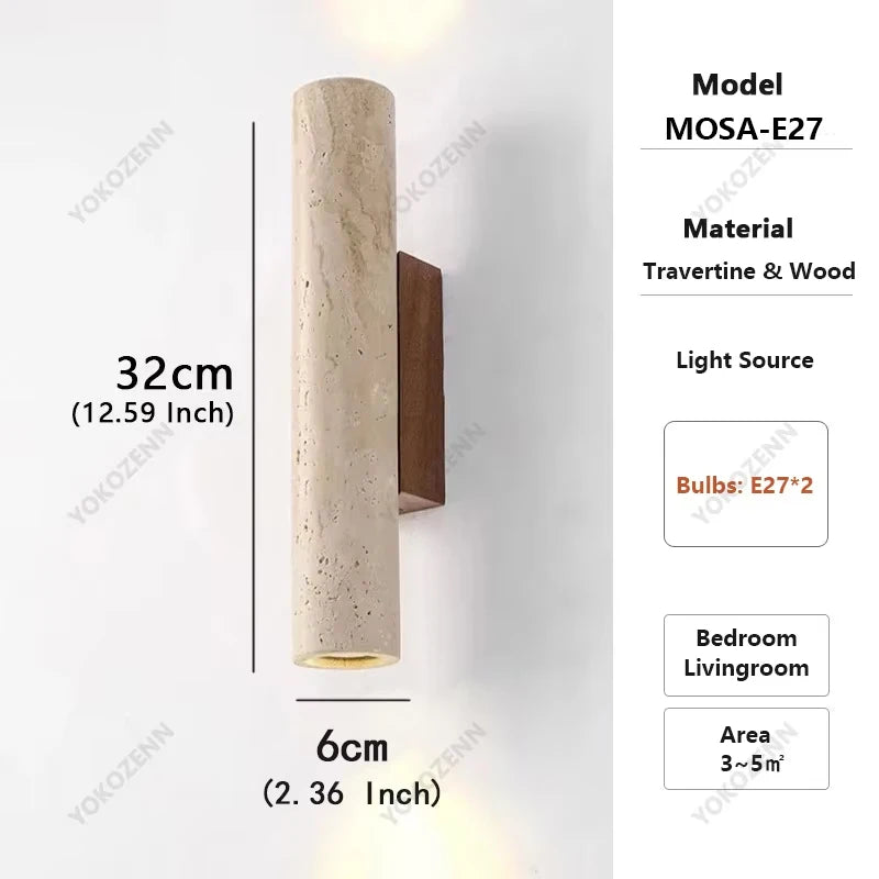 Wabi Sabi  Natural Travertine E27 Wall Lamp, Log & Walnut Wood Wall Light for Bedroom Bedside Staircase Living Room Home Decor