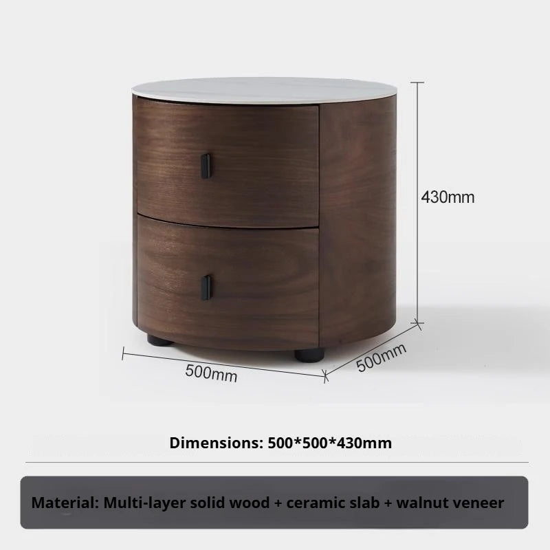Italian Minimalist Nightstand, Walnut Round Bedside Table with Stone Top, Multi-Layer Wood &Eco-Friendly, Easy Clean, New Design