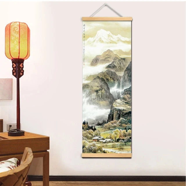 Chinese Traditional Style Four Seasons Landscape Canvas for Living Room Wall Art Poster Solid Wood Scroll Paintings Home Decor