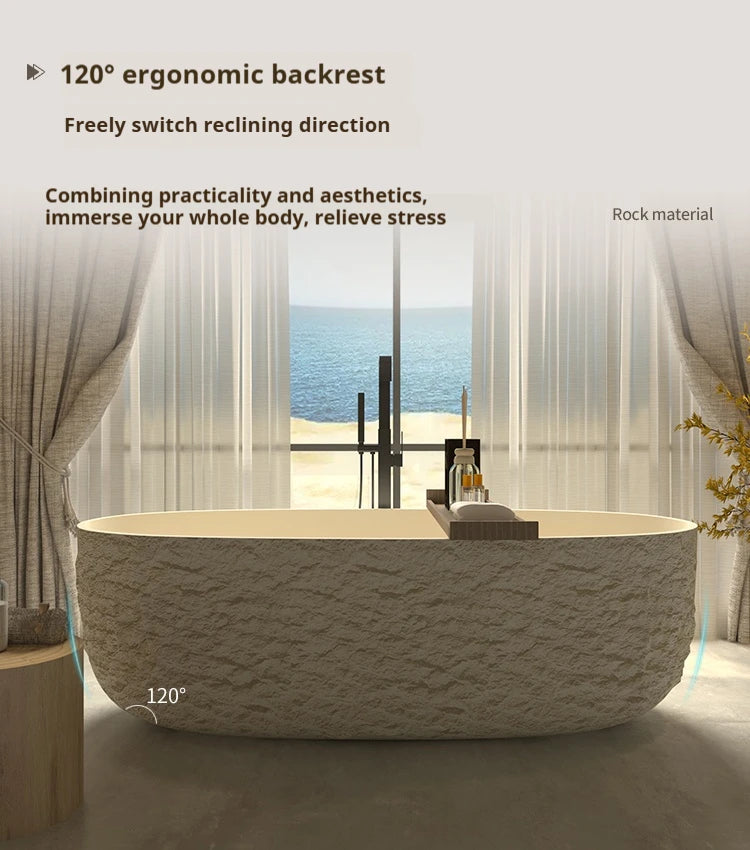 Wabi-Sabi Stone Texture Bathtub, One-Piece Artificial Stone Tub for Home , Heat Retention&Easy Clean, Body Contour, Customizable