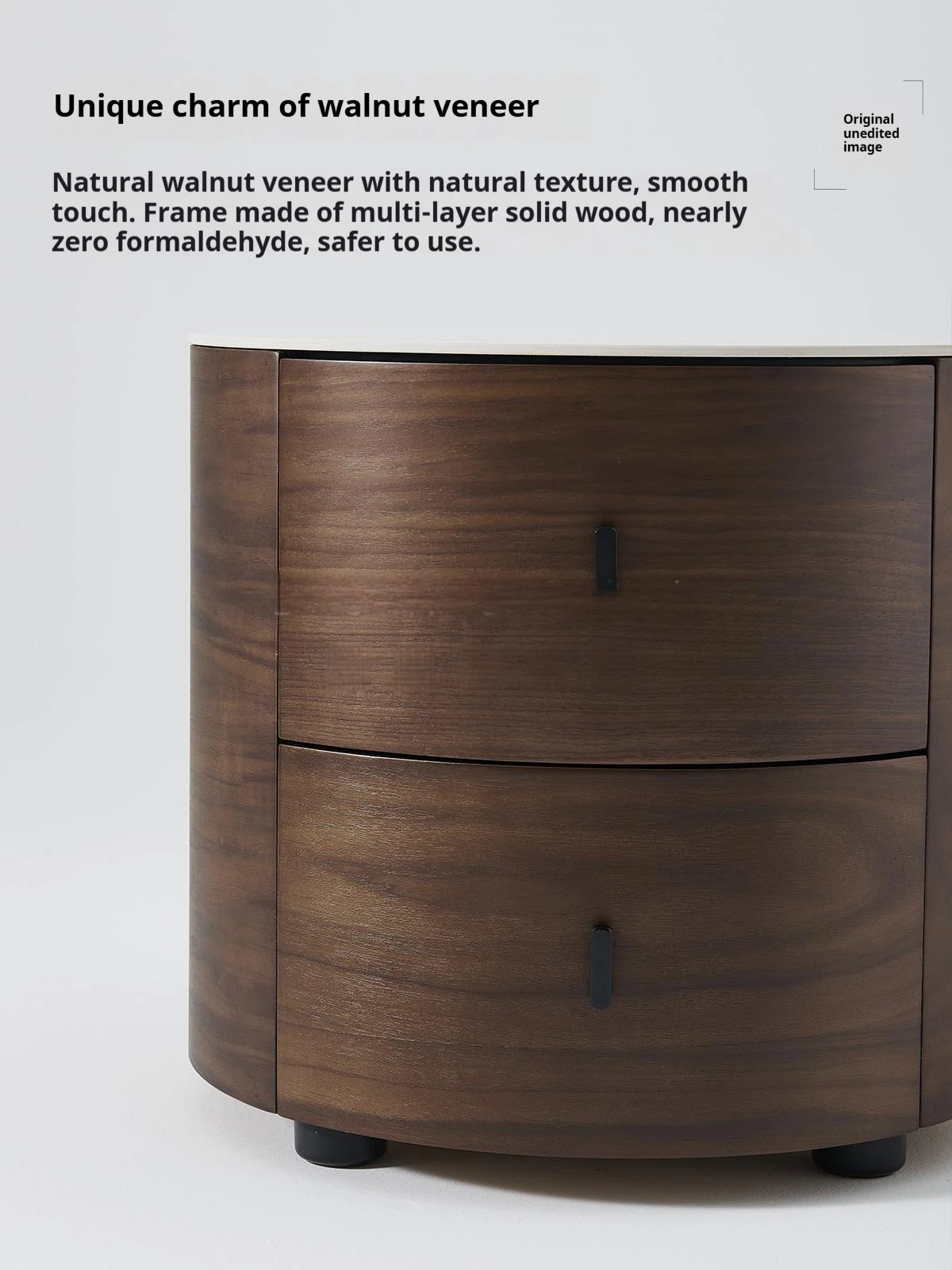 Italian Minimalist Nightstand, Walnut Round Bedside Table with Stone Top, Multi-Layer Wood &Eco-Friendly, Easy Clean, New Design