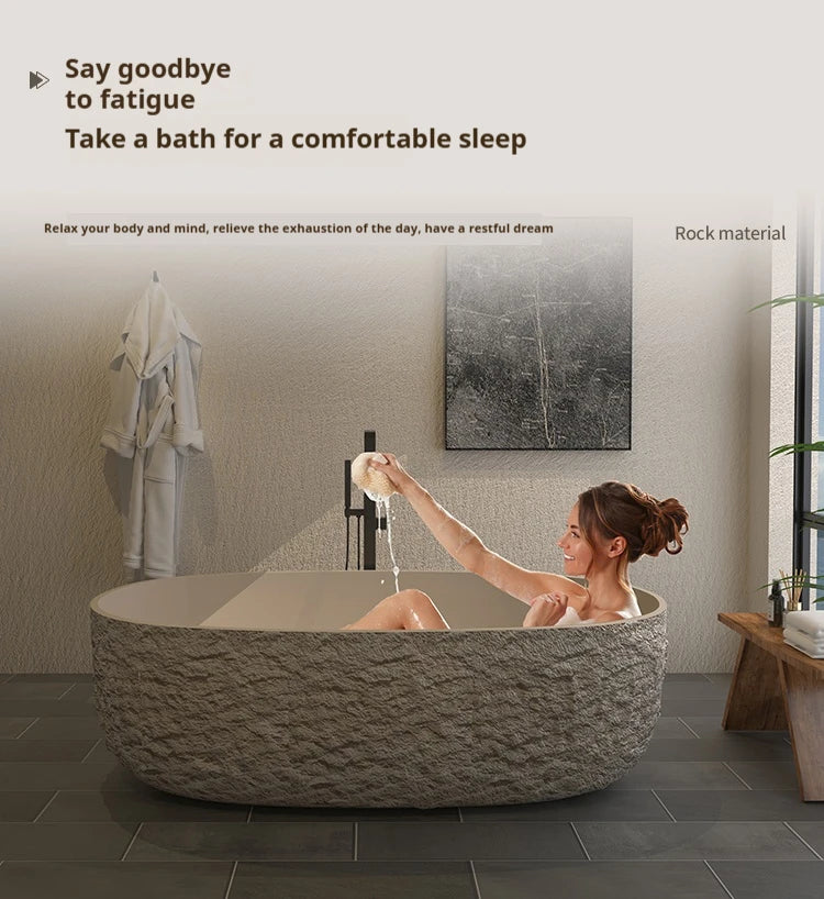 Wabi-Sabi Stone Texture Bathtub, One-Piece Artificial Stone Tub for Home , Heat Retention&Easy Clean, Body Contour, Customizable