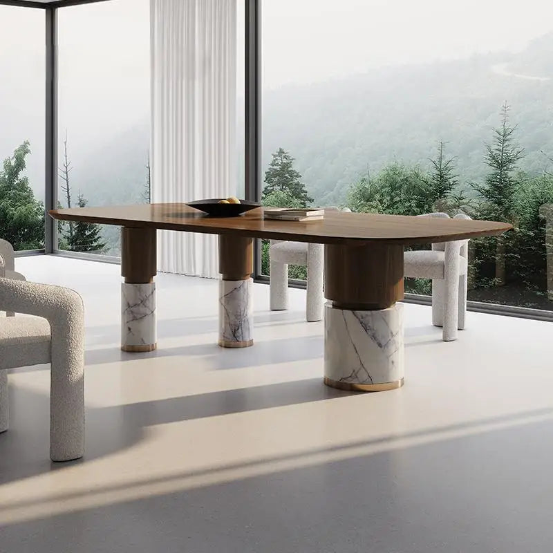 Natural Marble Dining Table with Walnut Base, Minimalist Luxury Villa Long Table, Eco-Friendly & Moisture-Proof, Customizable
