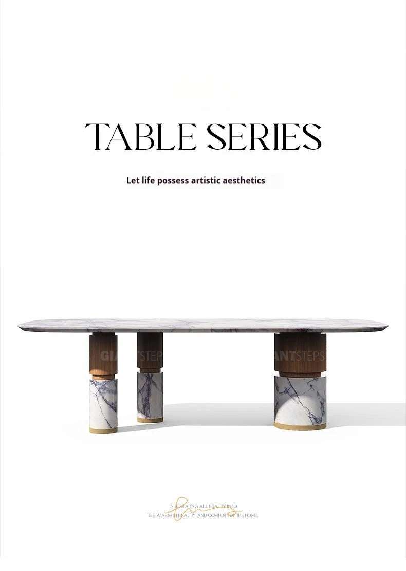 Natural Marble Dining Table with Walnut Base, Minimalist Luxury Villa Long Table, Eco-Friendly & Moisture-Proof, Customizable